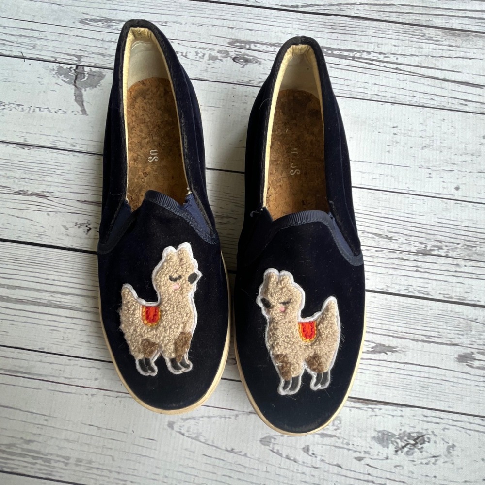 Soludos Anthropologie Women Blue Velvet Llama Slip On Sneakers Size 6 Boho Twee